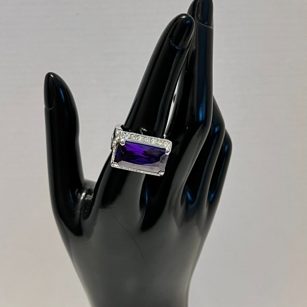 Large Amethyst & Rhinestone Silver Statement‎ Ring (Size 7)